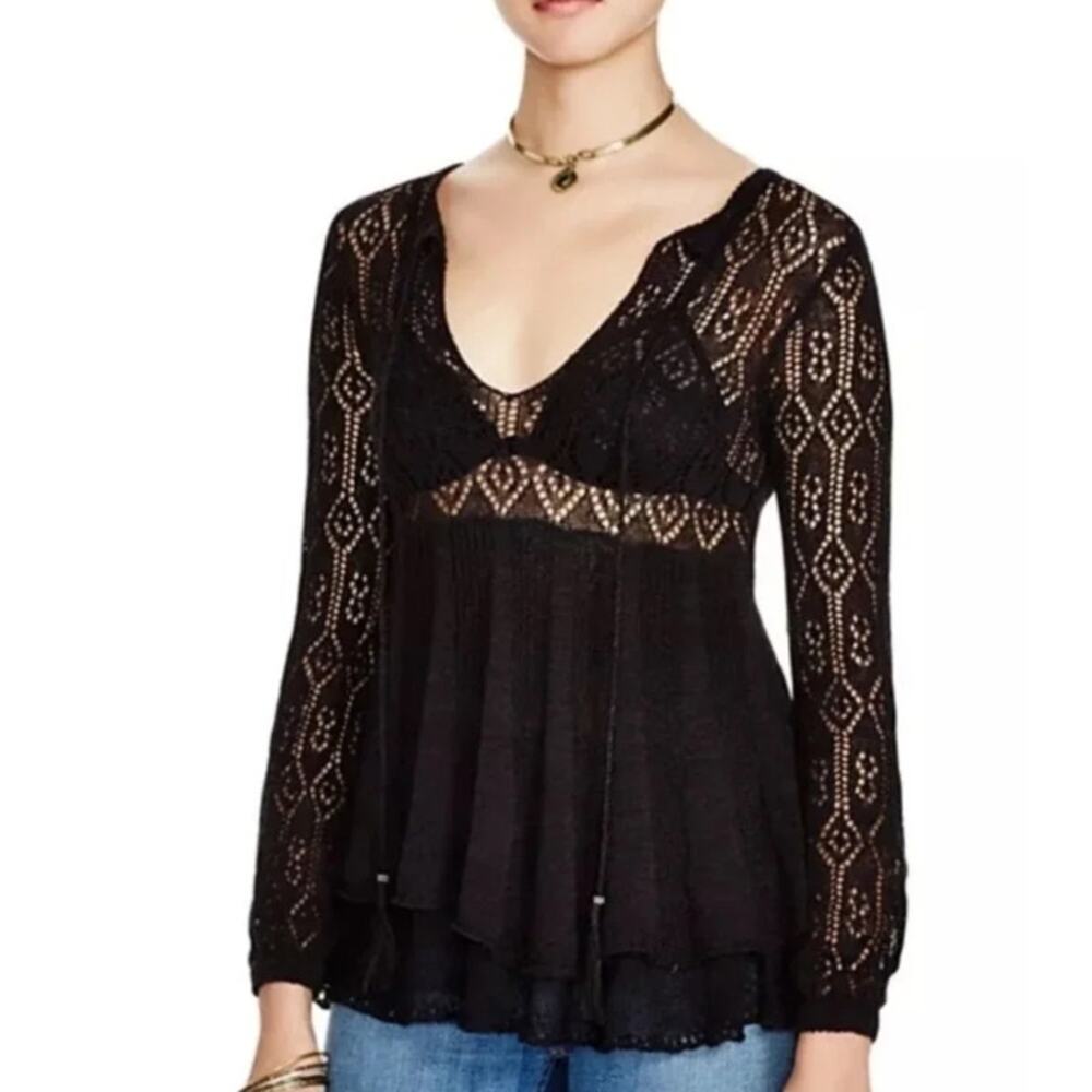 Sm Free People Angel Days Crochet Sweater Black Boho Tiered Festival Beach Indie